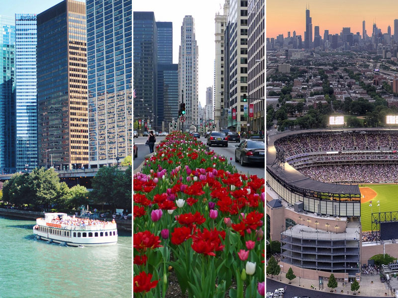 Three photos of Chicago showing a river boat tour, Michigan Avenue, and an aerial view of the south-side with stadium in foreground.
